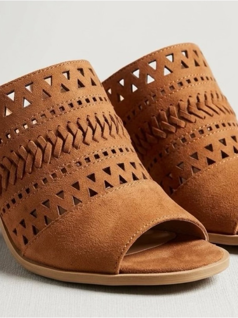 Women's Tan Suede Laser-Cut Slide Sandals